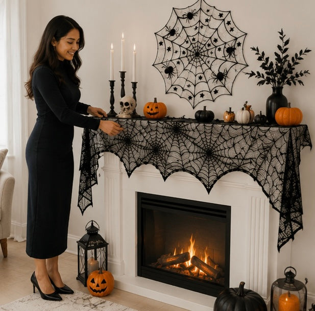Gothic Spinnenweb Tafelkleed Zwart Kant 45x185cm - Halloween Schoorsteenmantel Tafelloper Decoratie Feest | Sulvida
