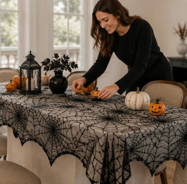 Gothic Spinnenweb Tafelkleed Zwart Kant 45x185cm - Halloween Schoorsteenmantel Tafelloper Decoratie Feest | Sulvida