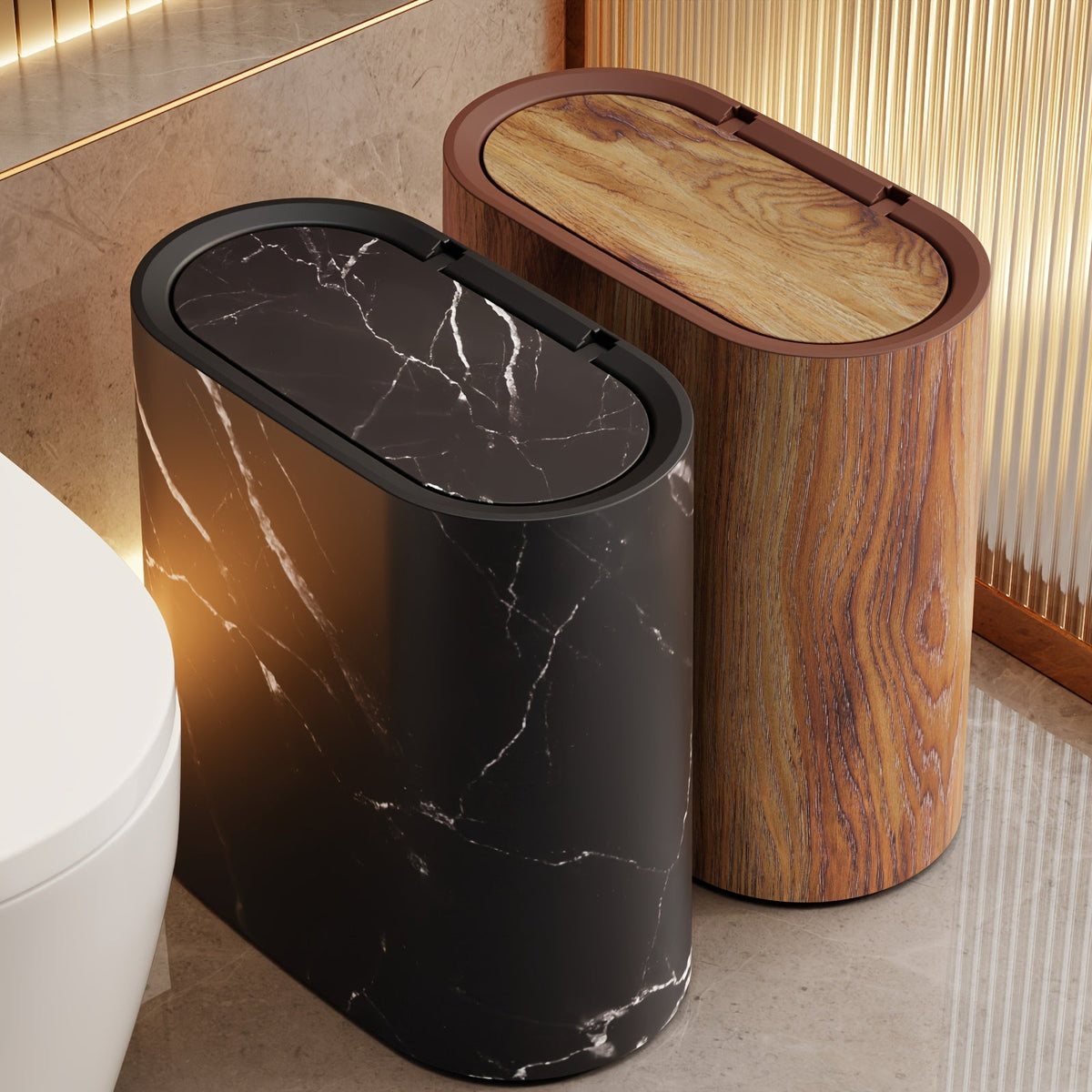 Ovale Prullenbak met Deksel Marmerpatroon Badkamer Keuken Kantoor Compact Afvalemmertje Stijlvol Design | Sulvida