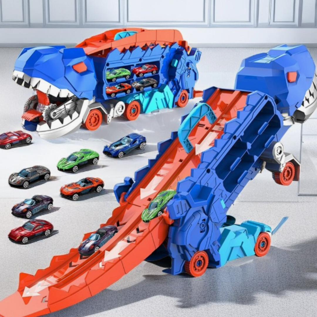 Dino Speelgoedtruck Transporter met Miniaturautos Dubbelbaansracebaan Opslag Draagbaar Speelset Kinderen | Sulvida