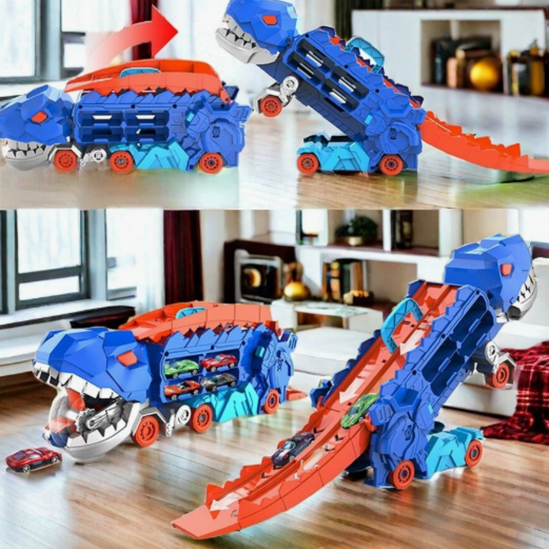 Dino Speelgoedtruck Transporter met Miniaturautos Dubbelbaansracebaan Opslag Draagbaar Speelset Kinderen | Sulvida