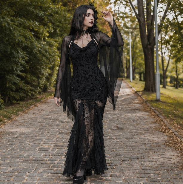 Doorschijnende Crop Top Mesh Heksenblouse met Vleermuismouwen Gothic Feesttop Zwart Party Fashion Dames | Sulvida