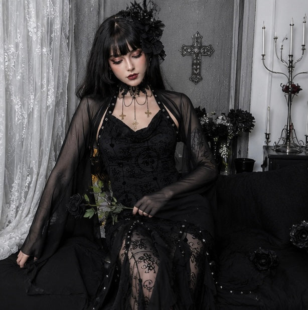 Doorschijnende Crop Top Mesh Heksenblouse met Vleermuismouwen Gothic Feesttop Zwart Party Fashion Dames | Sulvida