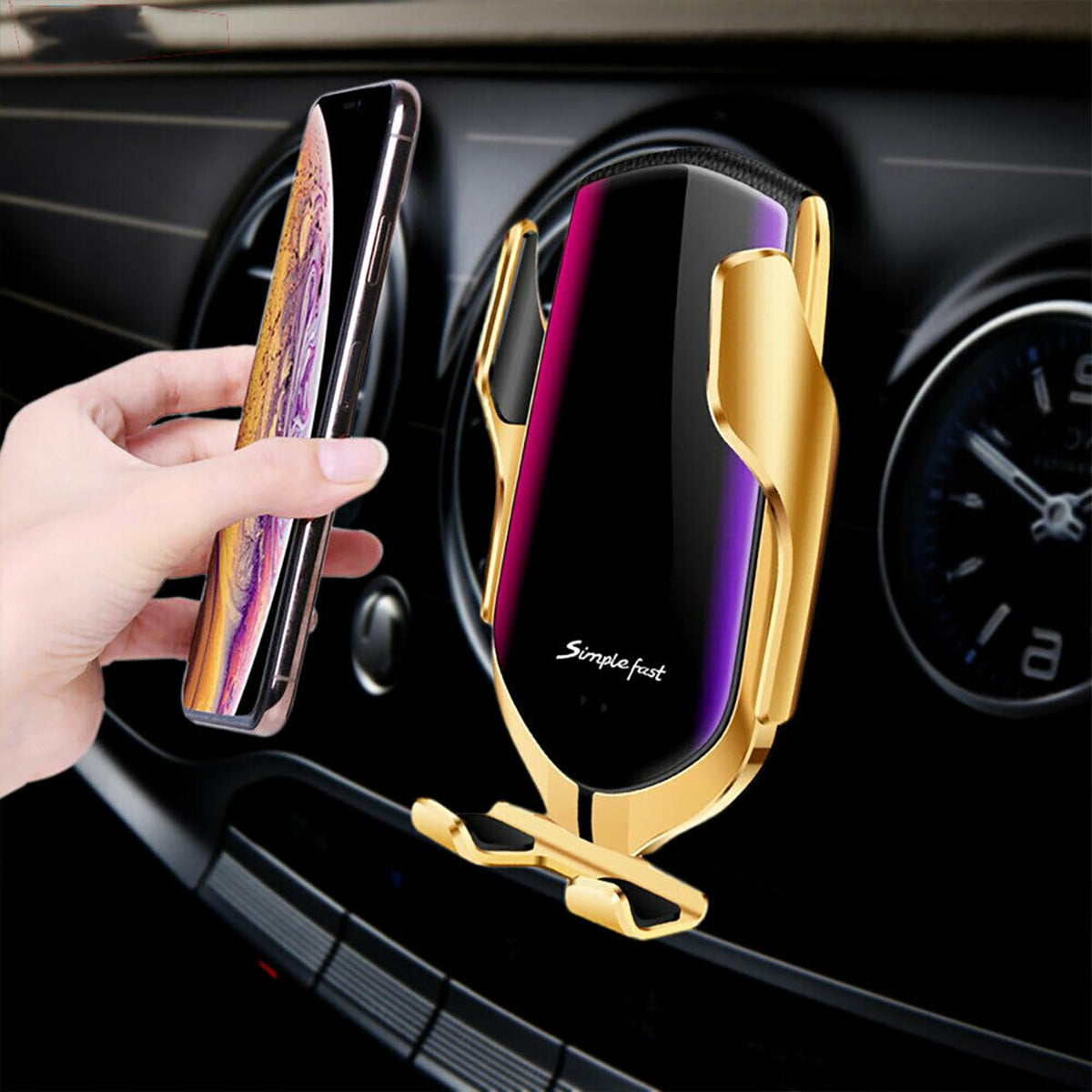 Automatische Smartphonehouder voor Auto met Draadloze Oplaadmodule Ventilatierooster 360° Zwenkbaar Zilver Goud | Sulvida