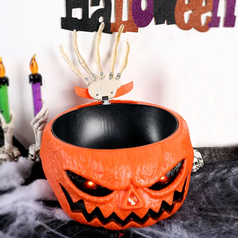Geanimeerde Snoepschaal Pompoen met Bewegende Skelethand LED Ogen Halloween Decoratie Feest Griezelig | Sulvida