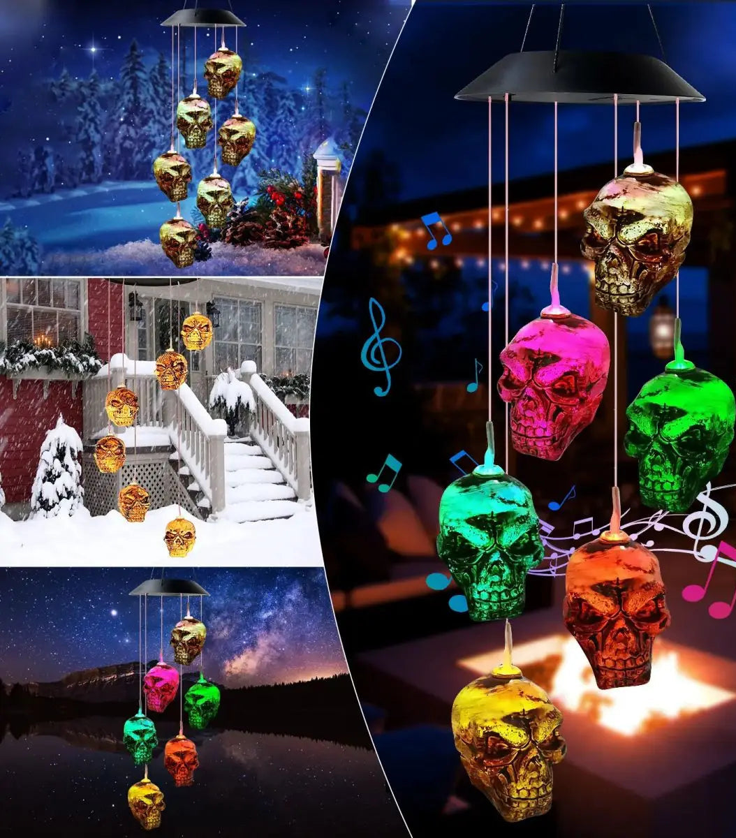 Zonne-energie Windgong met Schedels – 6 Kleurwisselende LED Lampjes voor Tuin Terras en Balkon Decoratie | Sulvida