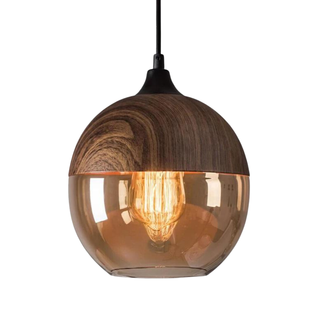 Scandinavische Hanglamp met Glazen Kap en Houtlook Armatuur – Dimbare Verlichting voor Eetkamer Woonkamer Slaapkamer – Verstelbare Hoogte en Warme Lichtverspreiding – Tijdloos Design | Sulvida