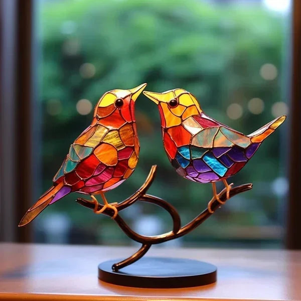 Decoratieve Vogelbeeldjes in Gekleurd Glas – Artistiek Interieurornament in Metaal | Sulvida