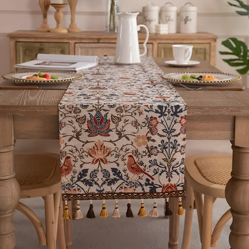 Jacquard Tafelloper met Vintage Vogelmotief en Kwastjes Landelijke Stijl Tafeldecoratie Eettafel Decoratie | Sulvida