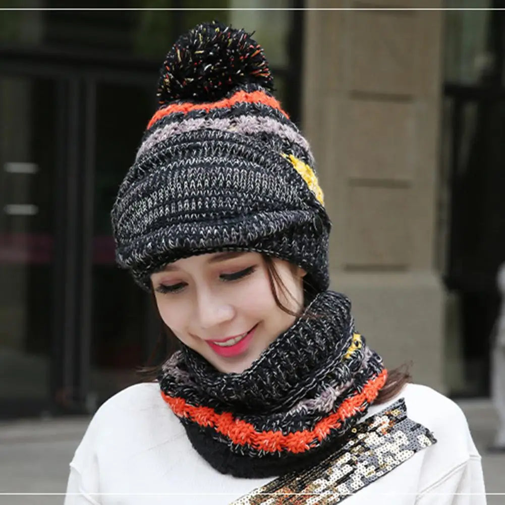 Gebreide Muts Sjaalset met Fluwelen Voering Winteraccessoires Dames Pompom Beanie Warme Hoofdbedekking Sjaal | Sulvida