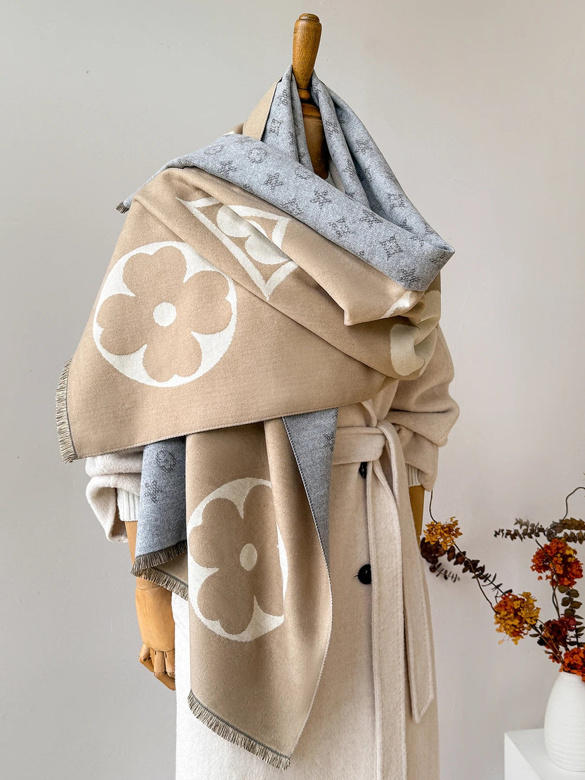 Sjaal Imitatie-Kasjmier Winter Heren Dames Jacquard Patroon Kaki Kameel Koffie 175 cm Warme Halsdoek Wintersjaal | Sulvida