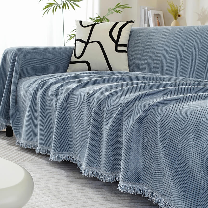 Chenille Plaid Visgraatmotief Franjes Woonkamer Bankovertrek Beschermer Luxe Deken Wit Grijs Decoratief | Sulvida