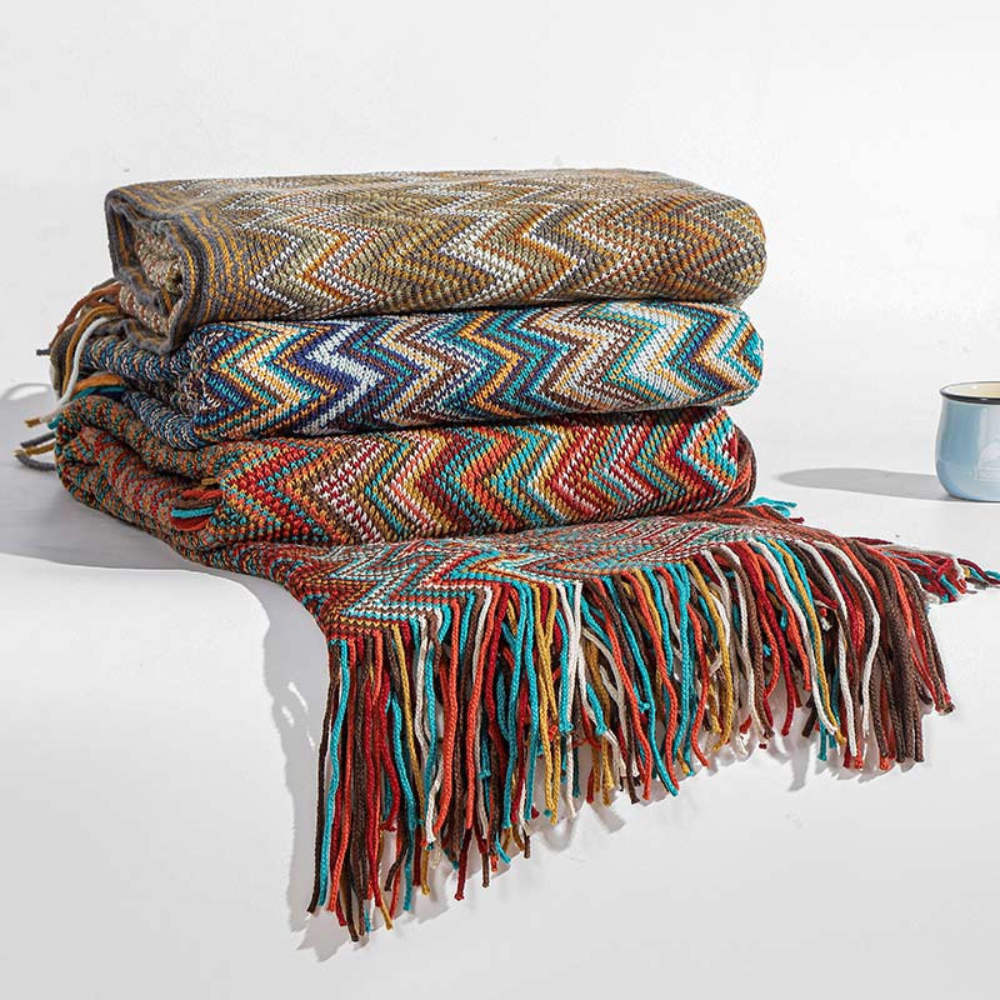 Gebreide plaid met zigzag patroon en franje meerkleurig zacht acryl voor bank bed en decoratie woonkamer | Sulvida