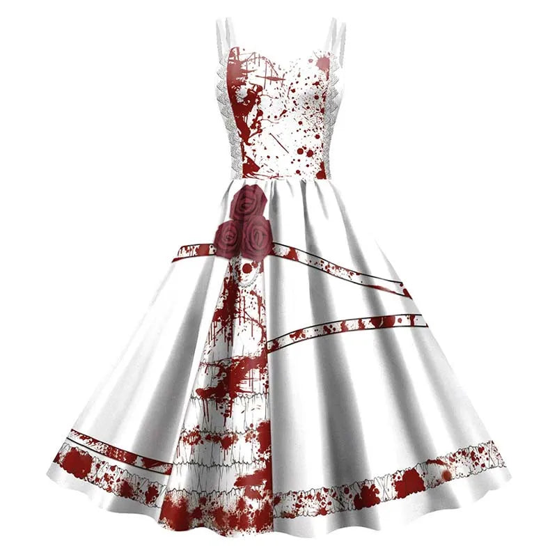 Gothic jurk met skeletten en rozen print zwart rood A-lijn feestjurk vintage stijl dames knie lang retro | Sulvida