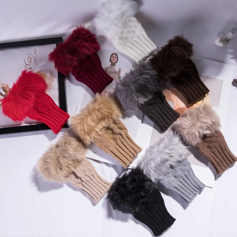 Vingerloze Handschoenen Dames Faux Fur Winter Pluche Wanten Gebreide Warme Touchscreen Winterhandschoenen | Sulvida