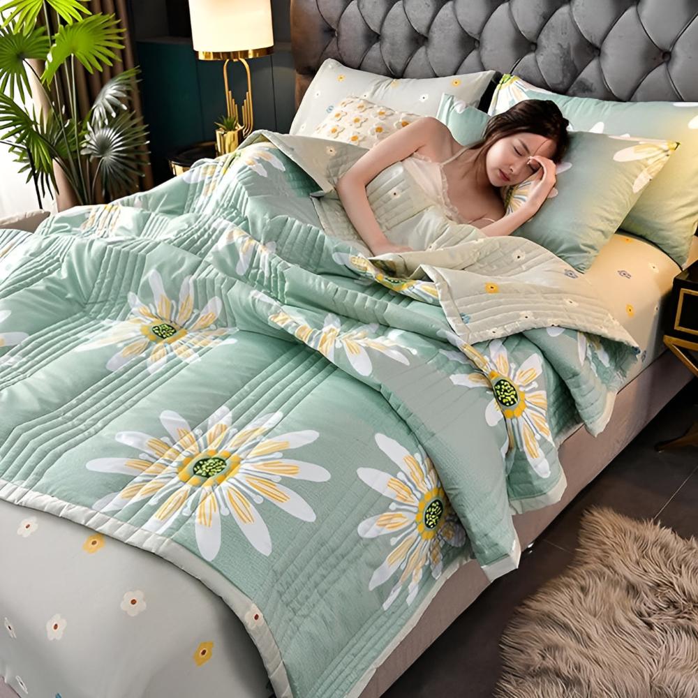 Dubbelzijdige plaid met madeliefjesmotief - zachte fleecedeken lamswol - groen geel decoratief woonkamer | Sulvida