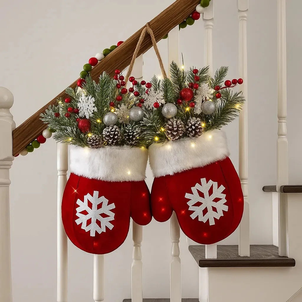 Pluche Winterhandschoenen Deurbehang met LED-Verlichting Rood Kerstdecoratie 30x30 cm Sneeuwvlokken Deur | Sulvida