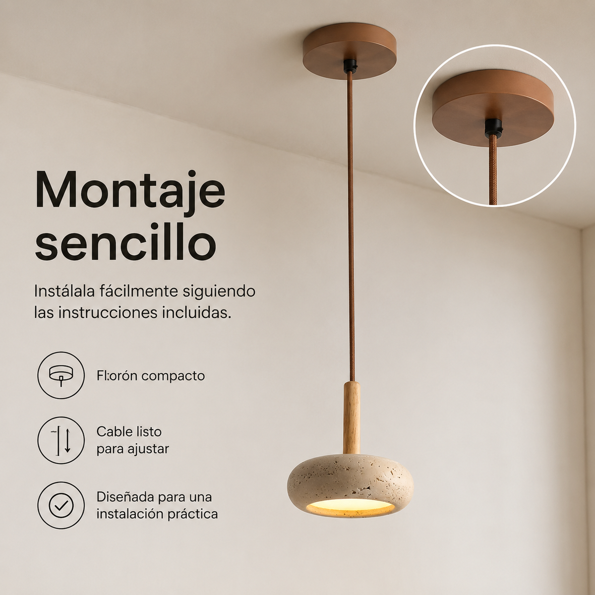 LED Hanglamp Japanse Stijl Houten Steen Kap Verstelbaar 15cm Warm Licht Natuurlijk Design Woonkamer Eetkamer | Sulvida