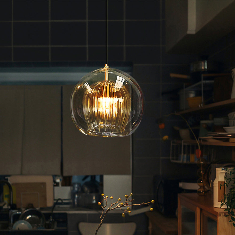 Glazen Hanglamp Bol Transparant & Amber Met Metalen Fitting E26/E27 Moderne Verlichting Eetkamer Slaapkamer | Sulvida