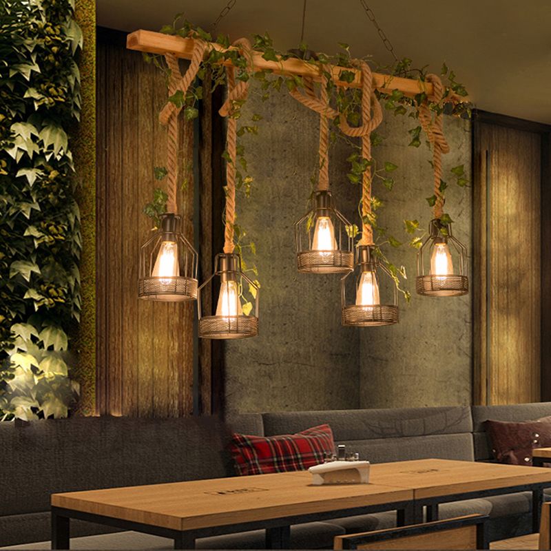 Landelijke Hanglamp met Houten Balk en Metalen Kooien 3 of 5 Lichtpunten voor Eetkamer Woonkamer Keuken | Sulvida