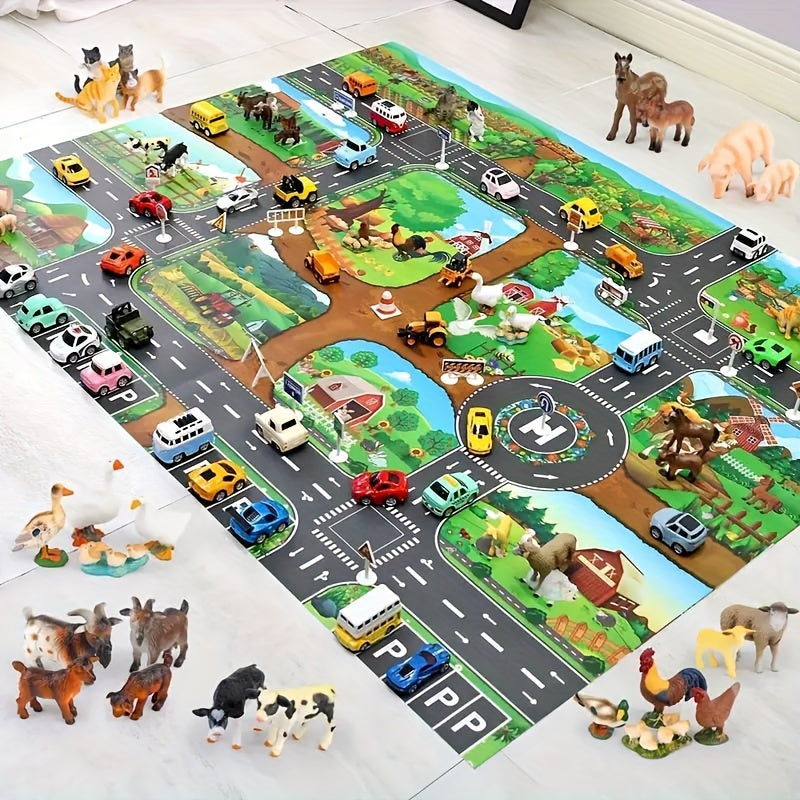 Interactief Speelkleed Boerderij en Verkeer Kinderen 100x130 cm Educatief Speelmat Fantasiespel Vloermat | Sulvida