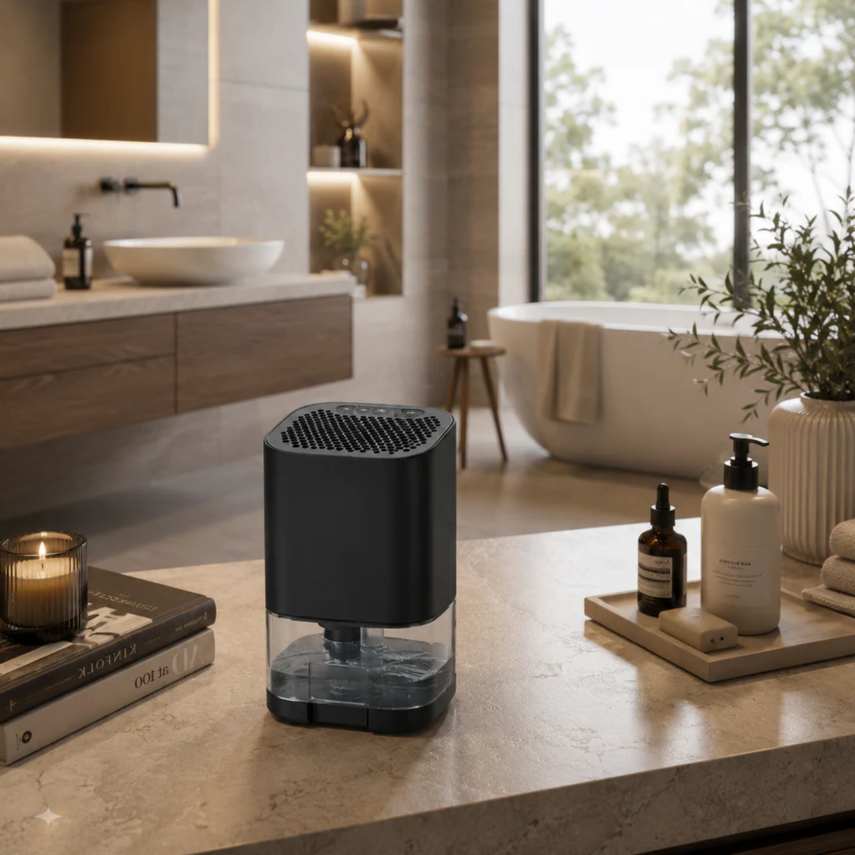 Mini luchtontvochtiger 1L compact stil vochtigheidsregeling slaapkamer badkamer kantoor woonkamer zwart wit | Sulvida
