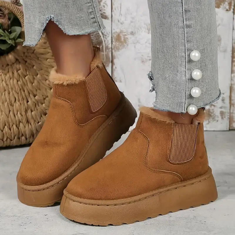 Zachte Dames Laarzen Beige Fleece Gevoerd Platte Hak Comfort Winterlaarzen voor Dagelijks Gebruik en Vrije Tijd | Sulvida
