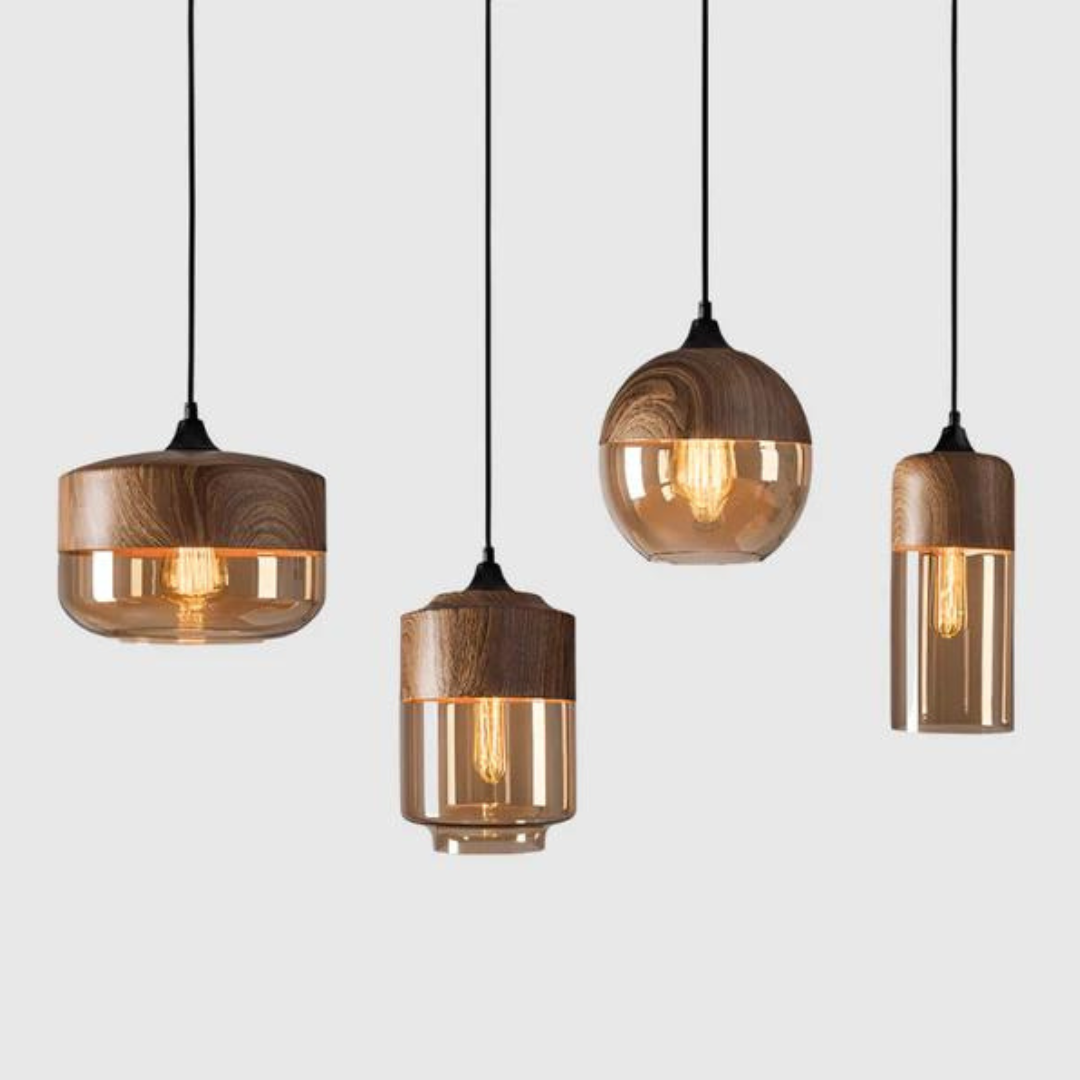 Scandinavische Hanglamp met Glazen Kap en Houtlook Armatuur – Dimbare Verlichting voor Eetkamer Woonkamer Slaapkamer – Verstelbare Hoogte en Warme Lichtverspreiding – Tijdloos Design | Sulvida