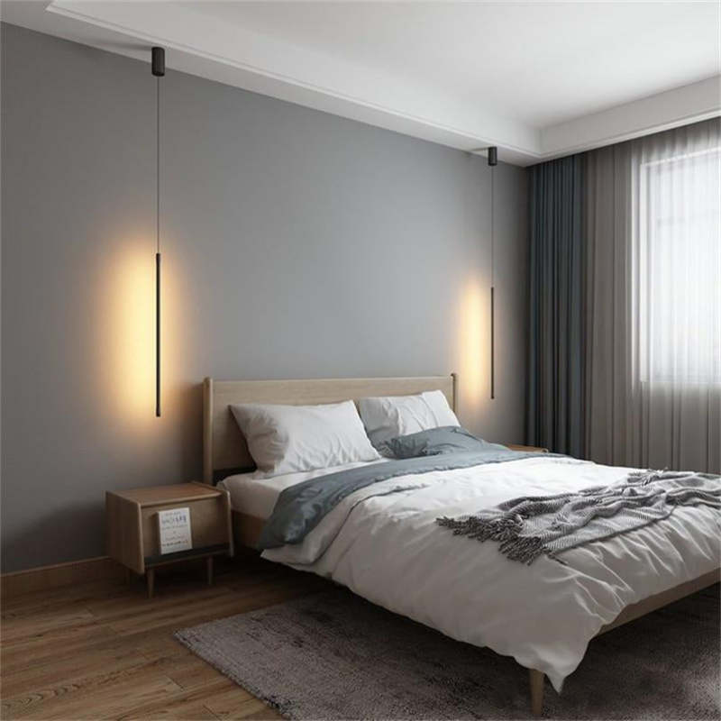 Minimalistische Hanglamp Zwart Metaal Slaapkamer Bedlampje Lineair Design Verstelbaar Modern Interieur | Sulvida