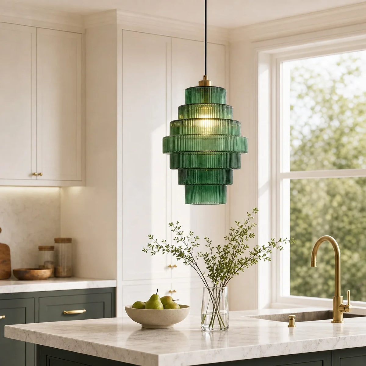 Geribbelde glazen hanglamp gelaagd flessendesign Art Deco vintage eetkamer keuken woonkamer slaapkamer | Sulvida