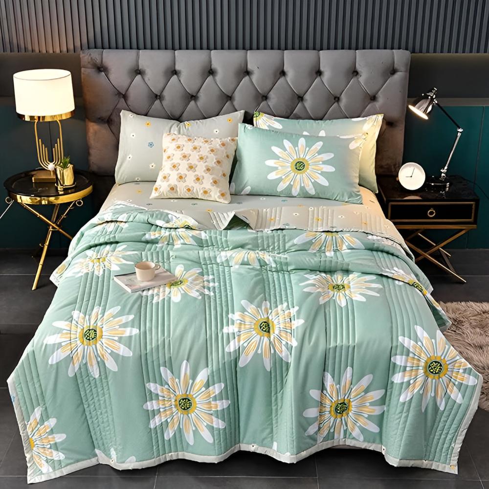 Dubbelzijdige plaid met madeliefjesmotief - zachte fleecedeken lamswol - groen geel decoratief woonkamer | Sulvida