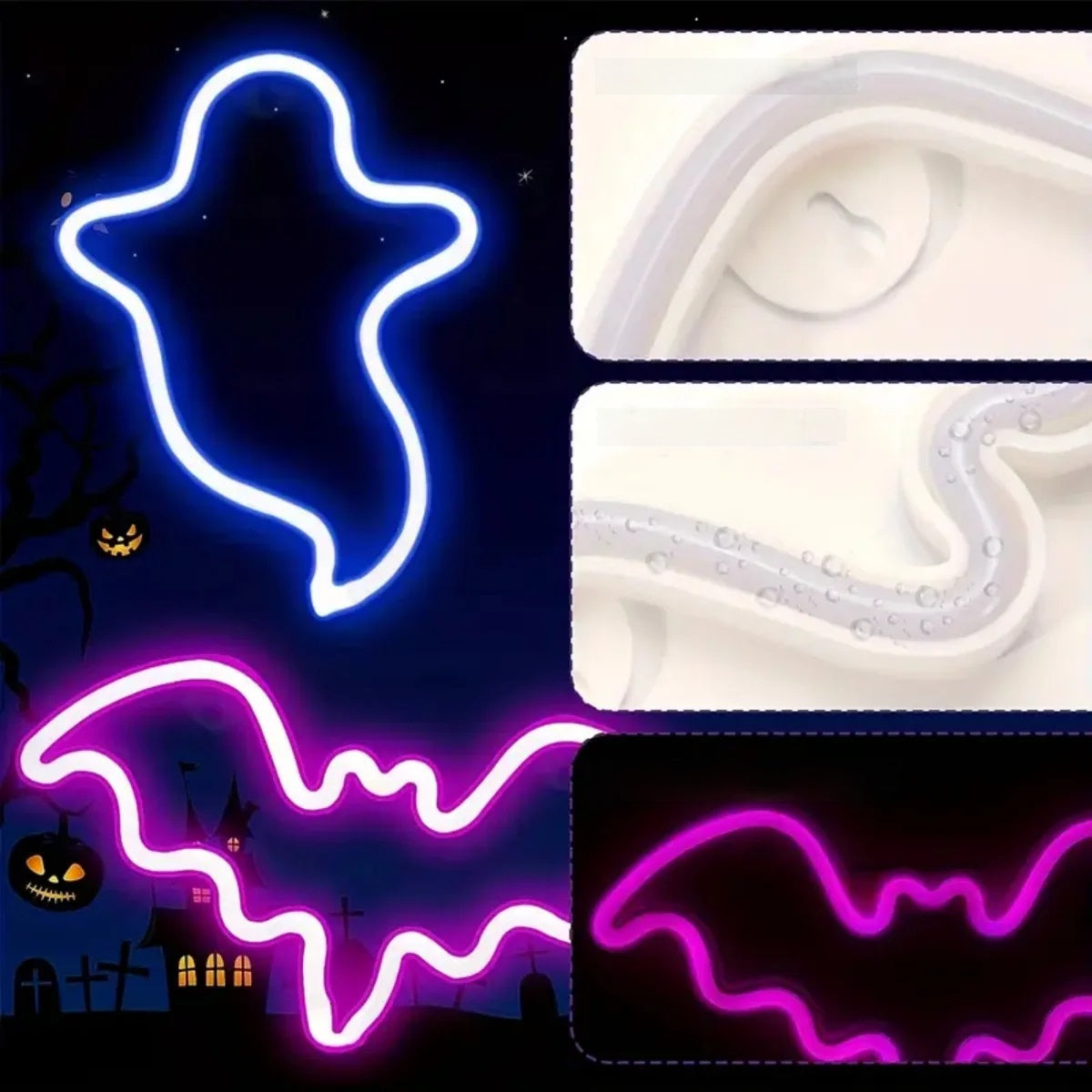 LED Neonlamp Vleermuis en Spook – Feestelijke Tafellamp voor Halloween en Themadecoratie Binnen Buiten | Sulvida