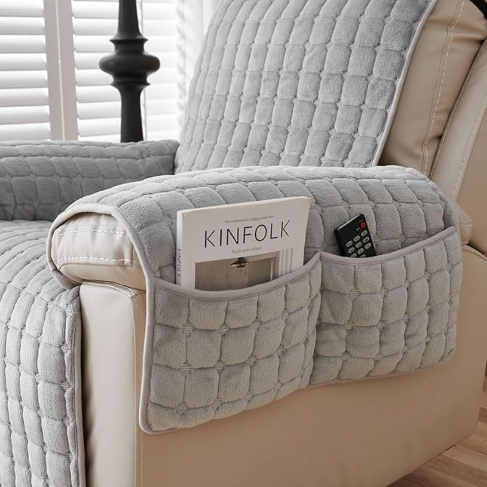 Gequilte Fauteuil-Hoes Microvezel met Zijvak Antislip Beschermhoes Huisdierbestendig Grijs Bruin Ivoor | Sulvida