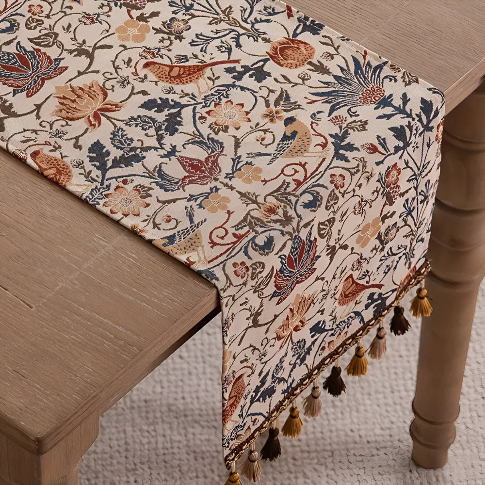 Jacquard Tafelloper met Vintage Vogelmotief en Kwastjes Landelijke Stijl Tafeldecoratie Eettafel Decoratie | Sulvida