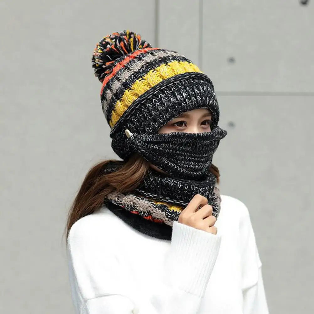 Gebreide Muts Sjaalset met Fluwelen Voering Winteraccessoires Dames Pompom Beanie Warme Hoofdbedekking Sjaal | Sulvida