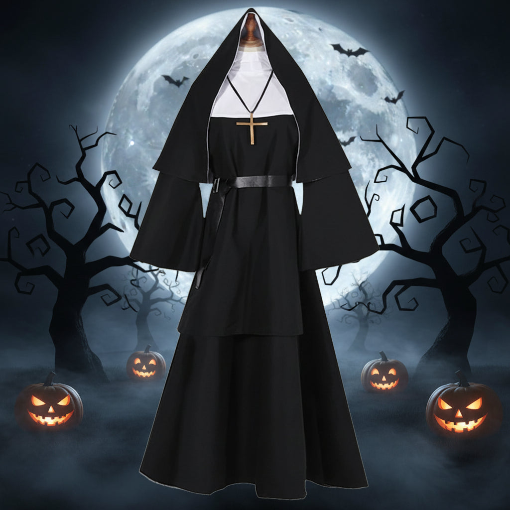 Nonnen Horror Kostuum Volwassenen Zwart Religieuze Cosplay Outfit Halloween Feest Duistere Verkleedkleding | Sulvida
