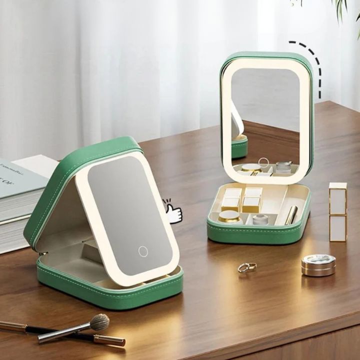 Cosmeticakoffer met LED-spiegel en USB-oplaadbare verlichting in drie standen voor make-up onderweg en opslag | Sulvida
