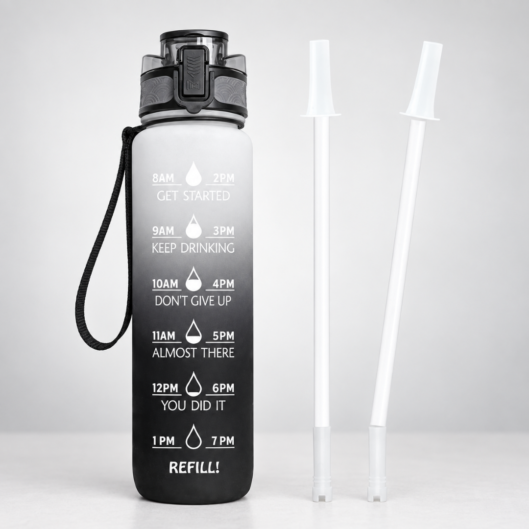 Motiverende Drinkfles met Tijdlijn 1000ml BPA-vrij Waterfles met Uurmarkeringen voor Dagelijkse Hydratatie | Sulvida