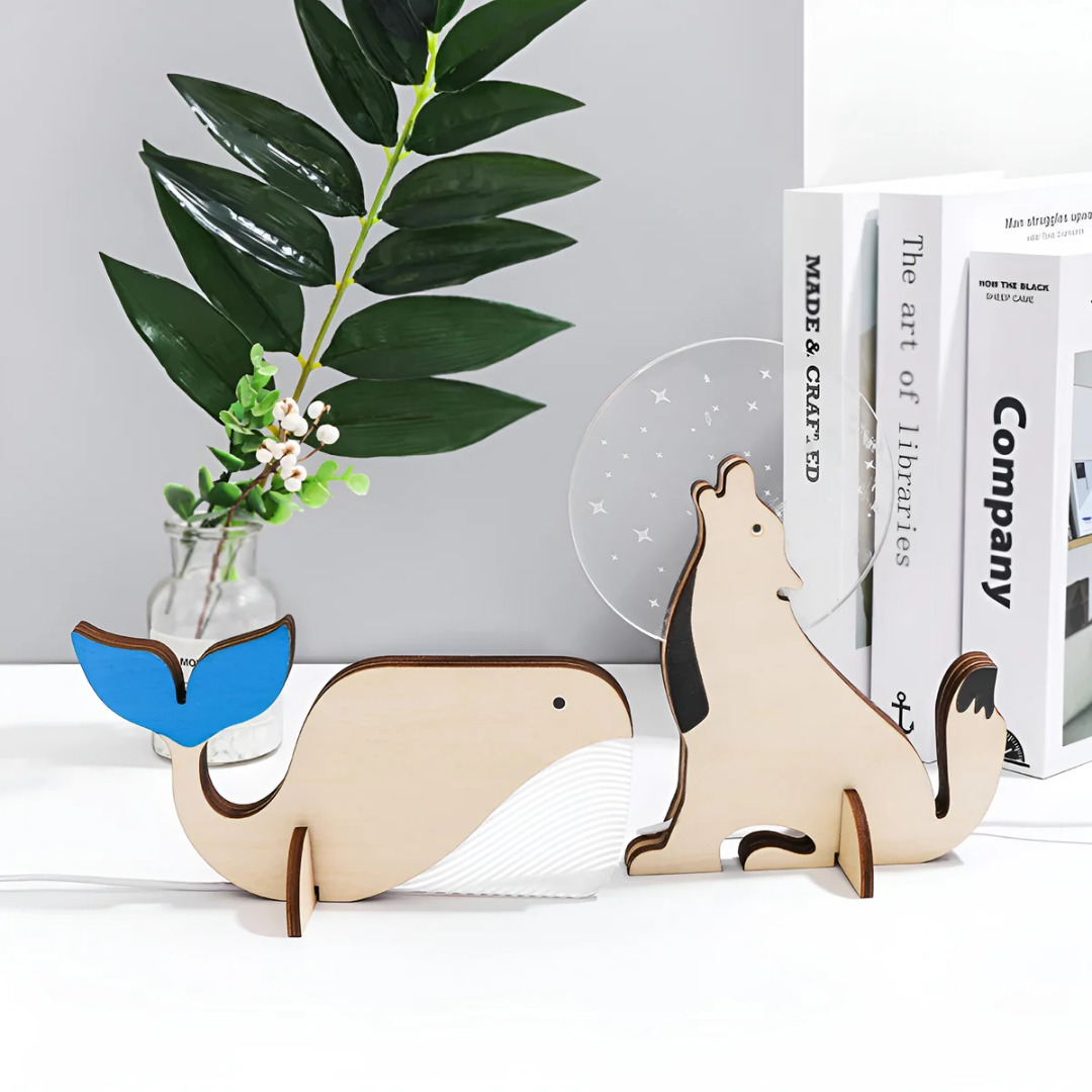 Houten Tafellamp Dierenfiguur LED Warm Wit Licht Scandinavisch Design Kinderkamer Slaapkamer Decoratief | Sulvida