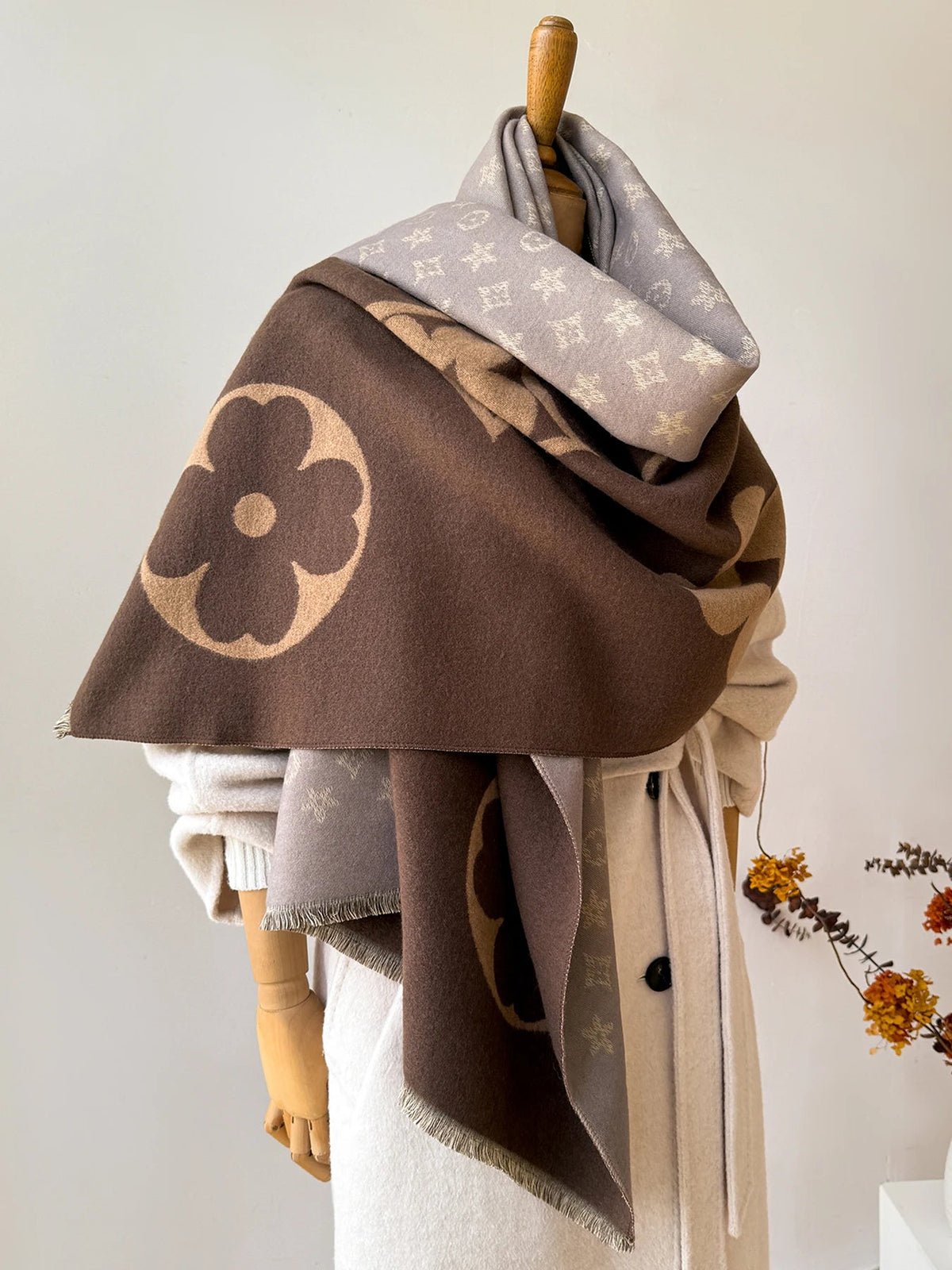 Sjaal Imitatie-Kasjmier Winter Heren Dames Jacquard Patroon Kaki Kameel Koffie 175 cm Warme Halsdoek Wintersjaal | Sulvida