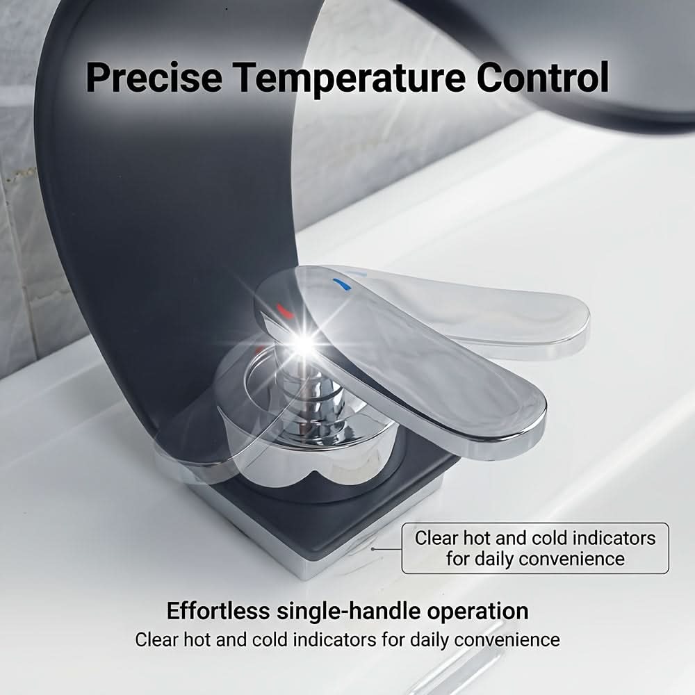 Mitigeur de lavabo à effet cascade, chromé, design moderne, kit de robinetterie, eau chaude et froide, valve en céramique, salle de bains | Sulvida