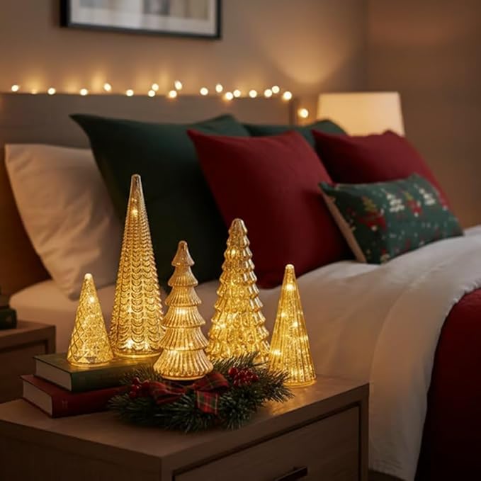 Set van 5 Glazen Kerstbomen met LED-verlichting en Timer – Feestelijke Decoratie Winterseizoen Woonkamer | Sulvida