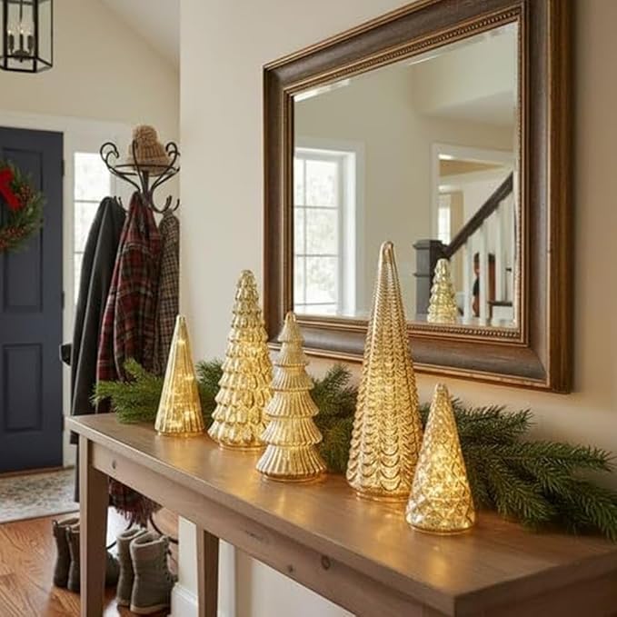 Set van 5 Glazen Kerstbomen met LED-verlichting en Timer – Feestelijke Decoratie Winterseizoen Woonkamer | Sulvida