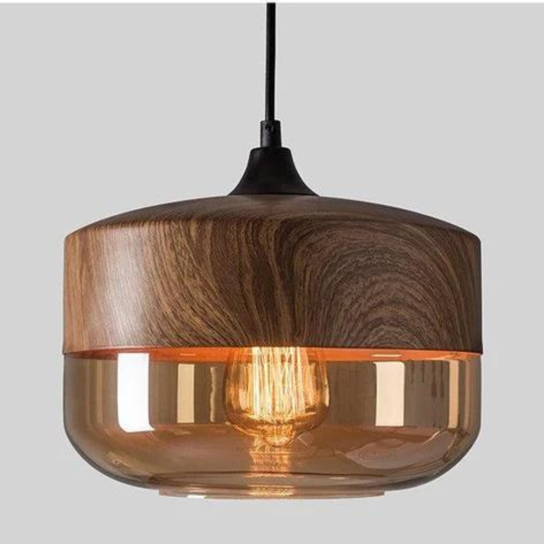 Scandinavische Hanglamp met Glazen Kap en Houtlook Armatuur – Dimbare Verlichting voor Eetkamer Woonkamer Slaapkamer – Verstelbare Hoogte en Warme Lichtverspreiding – Tijdloos Design | Sulvida