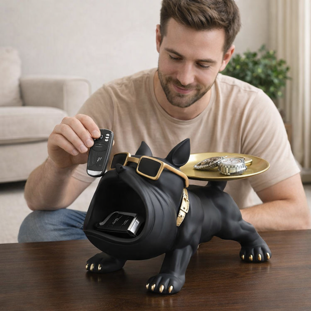Bulldog Opbergbeeld Zwart Hars 30cm – Decoratieve Organizer Woonkamer Bureau Sculptuur Huisdier Cadeau | Sulvida