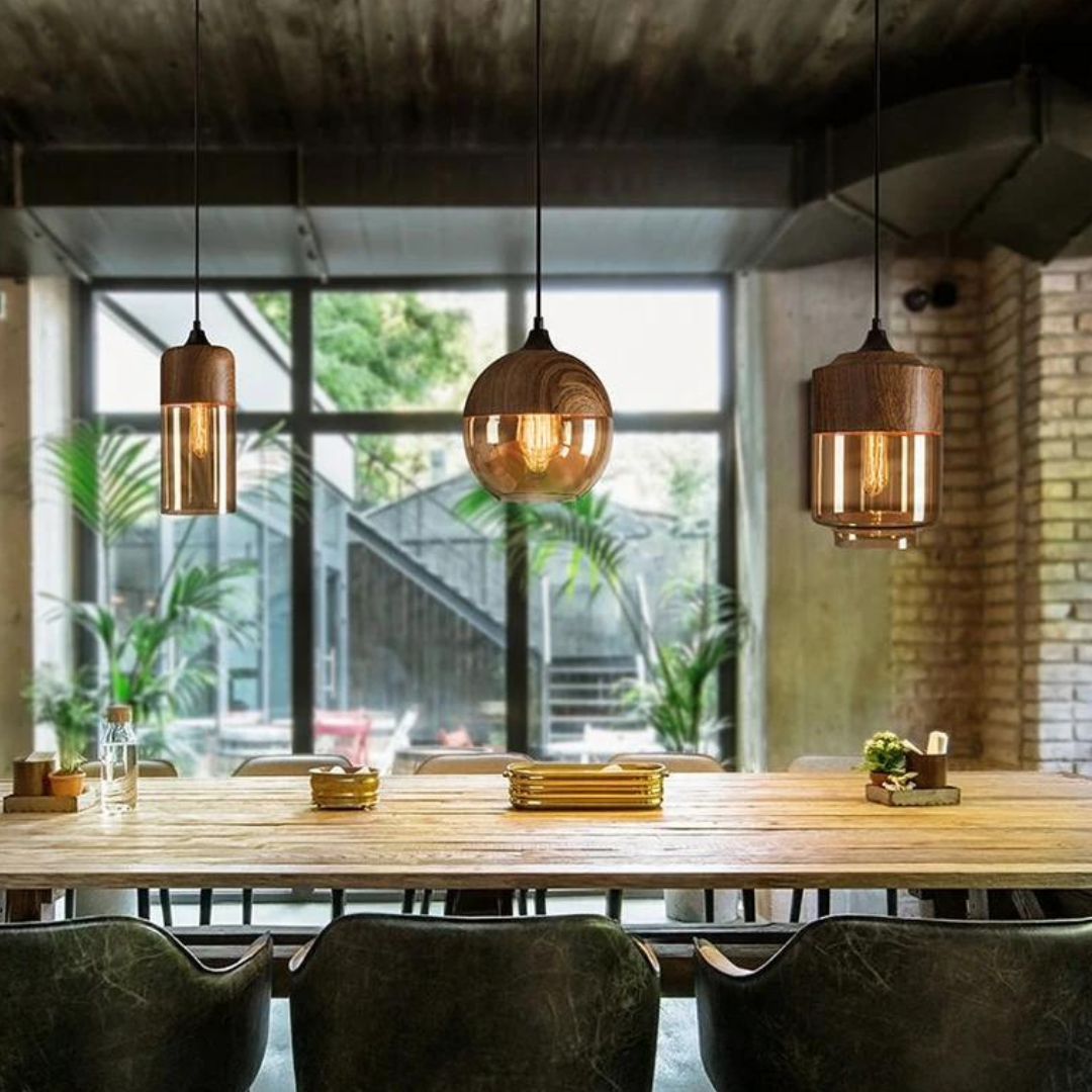 Scandinavische Hanglamp met Glazen Kap en Houtlook Armatuur – Dimbare Verlichting voor Eetkamer Woonkamer Slaapkamer – Verstelbare Hoogte en Warme Lichtverspreiding – Tijdloos Design | Sulvida