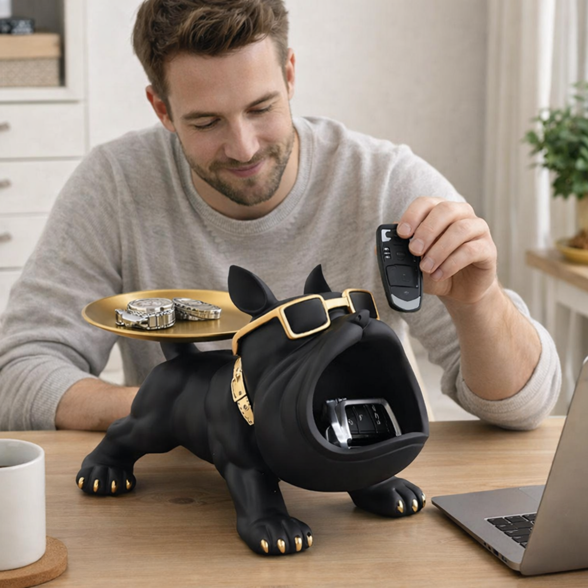 Bulldog Opbergbeeld Zwart Hars 30cm – Decoratieve Organizer Woonkamer Bureau Sculptuur Huisdier Cadeau | Sulvida