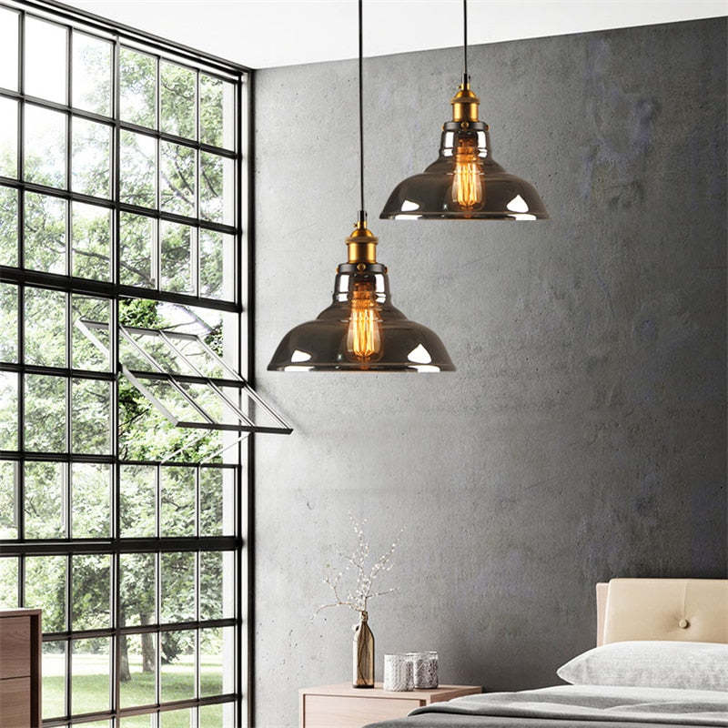 Industriële Glazen Hanglamp Metaal E27 Fitting Clear Amber Smoke Grey Verstelbaar Snoer Eetkamer Woonkamer | Sulvida