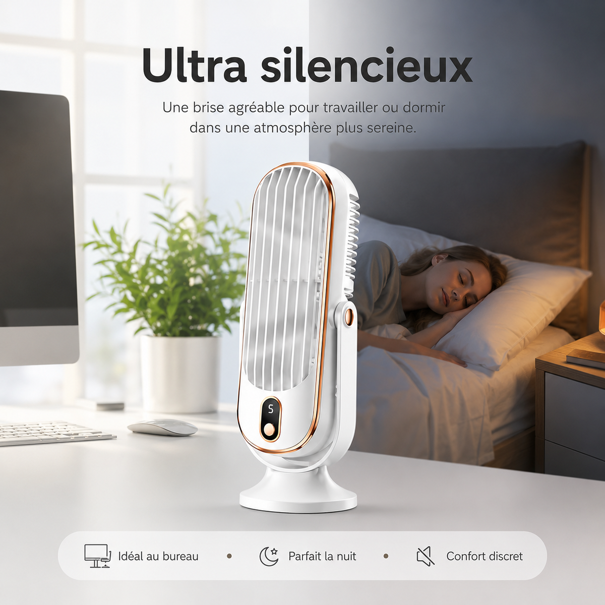 Torenventilator met dubbele motor en 720° rotatie | Compacte USB ventilator voor bureau en slaapkamer | Sulvida