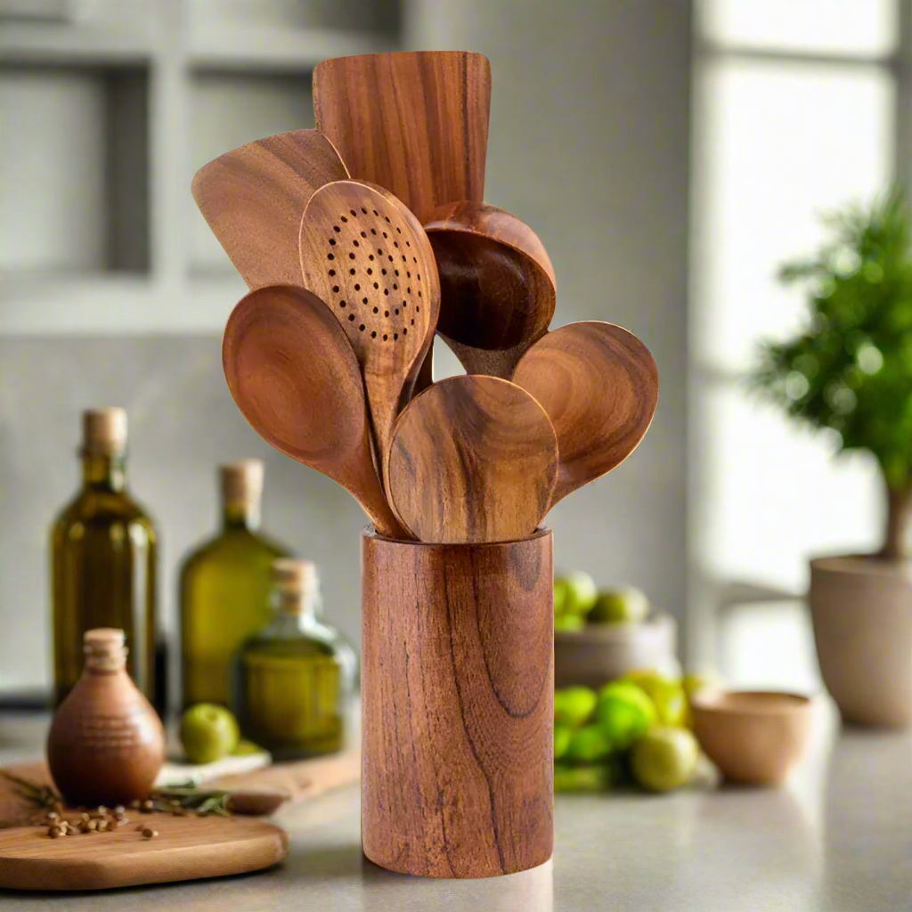 Set de cuillères de cuisine en teck antibactériennes - Set de spatules en bois durable résistant à la chaleur, ustensiles de cuisine pour cuisiner et pâtisser | Sulvida